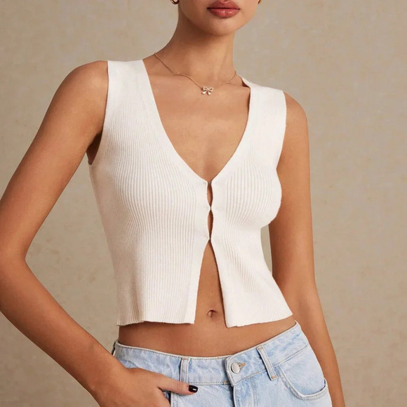 Beige Casual Women's Sleeveless Knit Open Placket Tank Top Vest - Picture 4 of 7